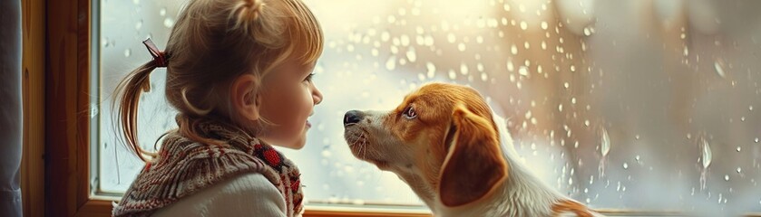 A young child girl stay home with her animal dog best friend pet. - obrazy, fototapety, plakaty