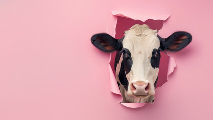 Whimsical capture of a cow's face coming through a torn pink background, symbolizing humor and novelty