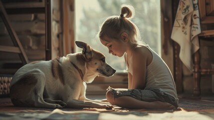 A young child girl stay home with her animal dog best friend pet. - obrazy, fototapety, plakaty