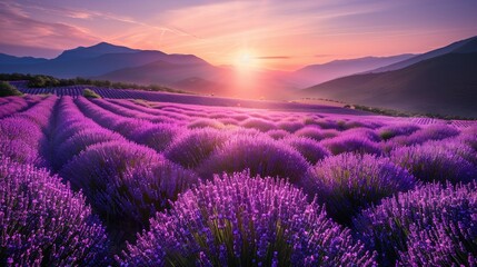 Naklejka premium A Stunning landscape with lavender field at sunset.