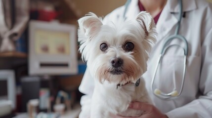 A doctor portrait and small white dog in the hands of a veterinarian. Caring for animals.