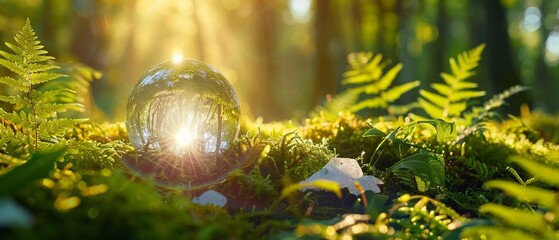 A Crystal Earth On moss In Forest With Ferns And Sunlight. - obrazy, fototapety, plakaty