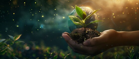 Fototapeta premium A hand gently holding earth with a sprouting seed