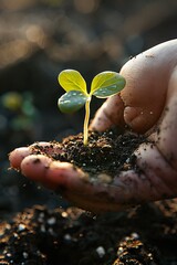 A hand gently holding earth with a sprouting seed