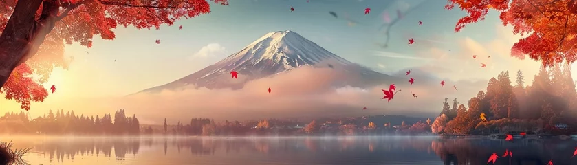 Photo sur Aluminium Matin avec brouillard Colorful Autumn Season and Mountain Fuji with morning fog and red leaves at lake.