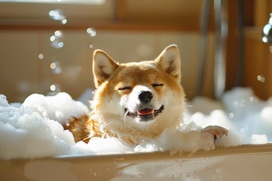 A Joyful shisu dog in bathtub full of soap foam.