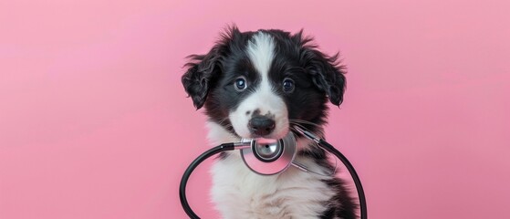 A puppy dog border collie holding stethoscope in mouth isolated on pink background.