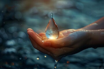 A Hands delicately holding a pristine water drop - obrazy, fototapety, plakaty