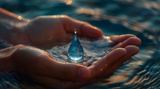 Hands delicately holding a pristine water drop