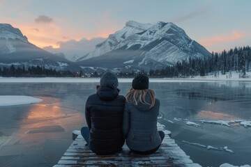 A couple is sitting on a dock overlooking a lake - obrazy, fototapety, plakaty