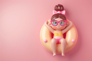cute cartoon character of a female relaxing with a rubber pool ring on vacation.. 3D render style