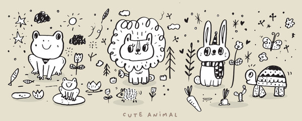Fototapeta na wymiar Cute Jungle animal faces,Cute animal faces,Hand drawn doodle characters,Vector illustration.
