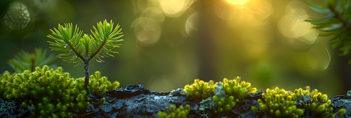  Backlit beard lichen on green branches in forest,
A Delicate Fern Unfurling Its Fronds Hidden Background
 - obrazy, fototapety, plakaty