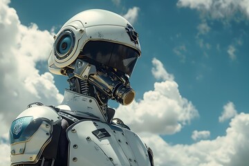 White Robot in a Cloudy Sky with Futuristic Style