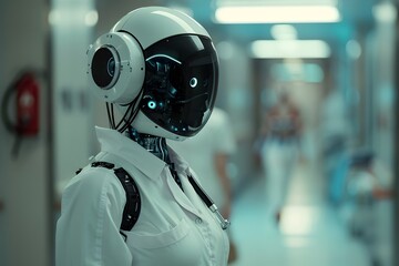 White Female Robot Patient Walking in a Hospital Corridor in a Futuristic Cyberpunk Style