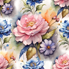Beautiful blooming watercolor flower seamless pattern