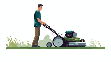 Man with lawnmower. isolated on white background 