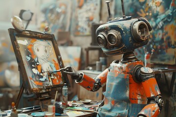 Robot Creating Art in a Studio Futuristic Surrealism - obrazy, fototapety, plakaty
