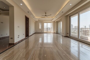 A large open room with wooden floors and a lot of windows