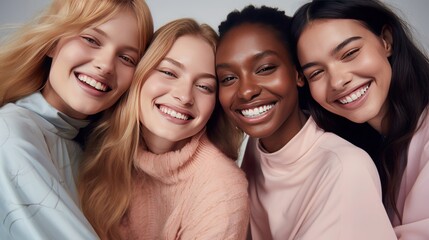 Young black woman surrounded by white women, happy and smiling, multiethnic female friendship concept