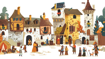 Medieval town scene with villagers illustration flat - obrazy, fototapety, plakaty