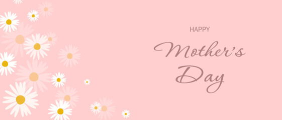 Mother's Day banner.Vector illustration with realistic daisies and text on pink background.Modern holiday card for promo or greeting.