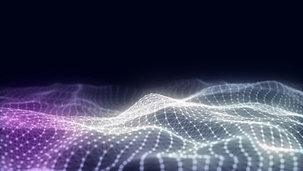 Abstract technology wave of particles and lines. Big data visualization. Background with motion dots. Artificial intelligence.