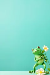 Fotobehang Vertical illustration. Leap day, one extra day per year. A funny and funny frog with a daisy in its paws on a light isolated background. A place for text, advertising and description © evgeniia_1010