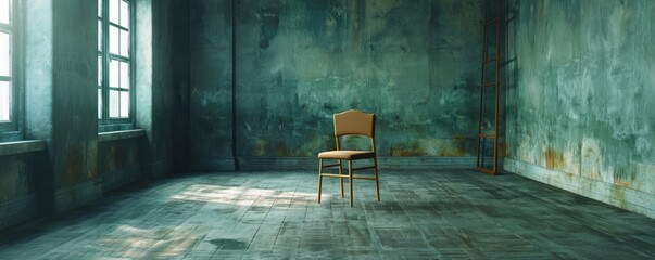 Minimalistic Chair in Abandoned Room. An empty chair in a desolate room paints a picture of abandonment and the echo of silence. - obrazy, fototapety, plakaty