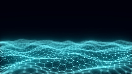 Futuristic hexagon wave. Dark cyberspace. Abstract wave with dots and line. White moving particles on background. 3d rendering.