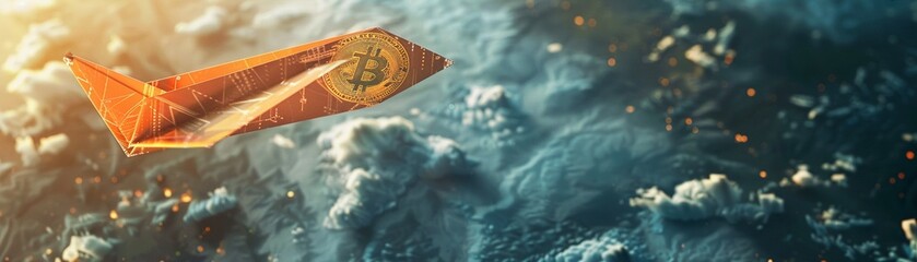 paper airplane with a Bitcoin design flies high above the clouds, symbolizing cryptocurrency's rise and potential, Bitcoin Concept Paper Plane Over Clouds