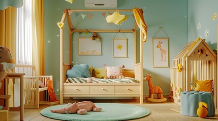 a cozy children's room setting with natural wooden furniture, accentuated with playful colors. Render it in 3D.  attractive look