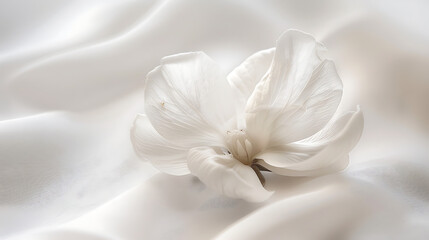 Macro photography capturing the delicate beauty of a cotton flower resting on a pristine white fabric background