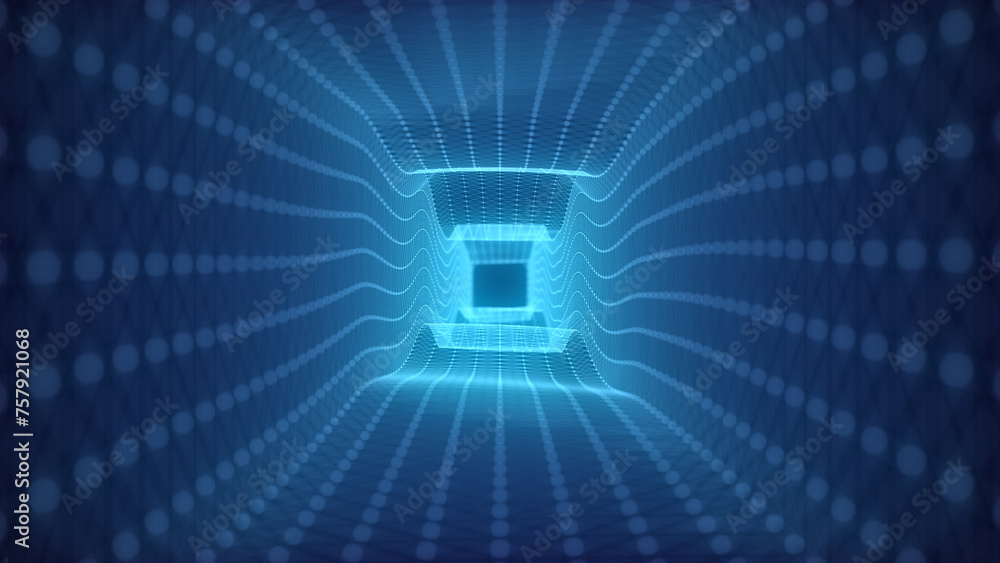 Poster abstract wireframe tunnel. wormhole. 3d portal grid. futuristic fantasy funnel. 3d rendering.