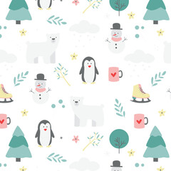 Cute winter seamless pattern with polar bear, penguin doodles with abstract elements around in Scandinavian style vector illustration.