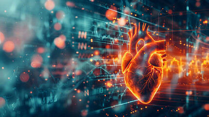 Futuristic cardiac research on an electronic background. Medical research and heart cardiology health care concept - obrazy, fototapety, plakaty
