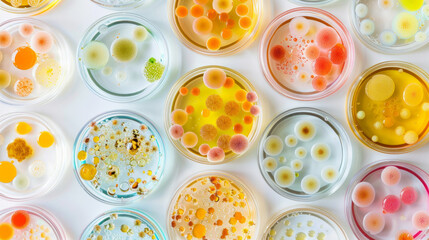Top down view of samples of bacteria and virus samples in a science lab