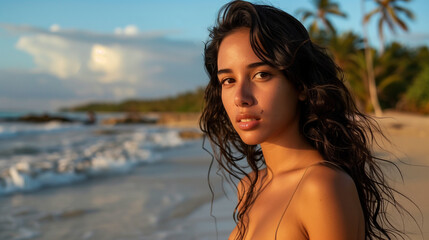 Portrait of young hispanic woman at the beach