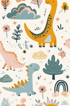Colorful cartoon dinosaurs in a whimsical landscape. This vibrant image showcases playful cartoon dinosaurs in a variety of colors, surrounded by whimsical flora and other cute elements © Merilno