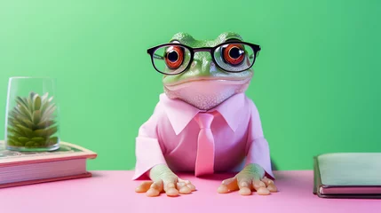 Fotobehang Leap day, one extra day per year. Illustration of a cute and funny frog in an office shirt and glasses on a pink background on February 29 © evgeniia_1010