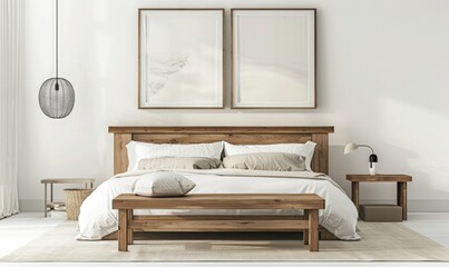 Fototapeta na wymiar Wooden bed with pillows and bedside coffee table against white wall with poster frame nature view them. 