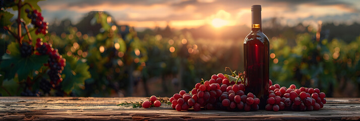 Bottle of red wine with ripe grapes on tabletop,
A bottle of red wine and grapes lie on an open window overlooking a beautiful landscape in retro style
