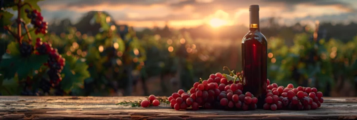 Fotobehang Bottle of red wine with ripe grapes on tabletop, A bottle of red wine and grapes lie on an open window overlooking a beautiful landscape in retro style  © sunny