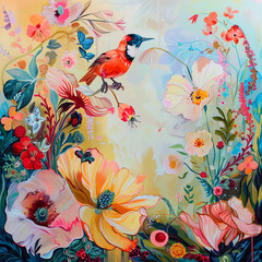 Vogel mit bunten Blumen - Zeichnung