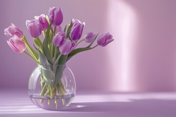 Obraz premium a bouquet of lilac tulips in a glass vase on the table. place for text. mother's day, march 8 