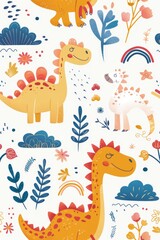 Obraz na płótnie Canvas Colorful cartoon dinosaurs in a whimsical landscape. This vibrant image showcases playful cartoon dinosaurs in a variety of colors, surrounded by whimsical flora and other cute elements