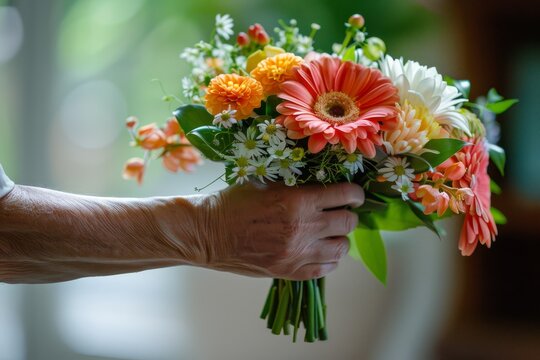 the male hand of a grandfather holds out a beautiful bouquet. concept March 8, mother's day, birthday. 

