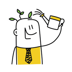 Man, watering can, plants, brain