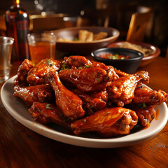 a plate of cooked hot wings with sauce created with Generative Ai