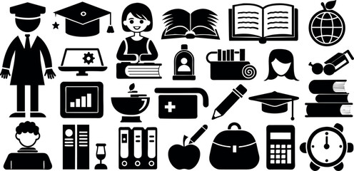 Back to school icon set. Included the icons as education, study, lectures, course, university, book, learn and more